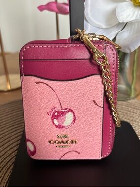 Coach Zip Card Case With Chain Cherry Print Flower Pink / Bright Violet # CR832